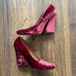 Dries Van Noten Velvet Burgundy Red Pumps Angled Chunky Block Heel 39
